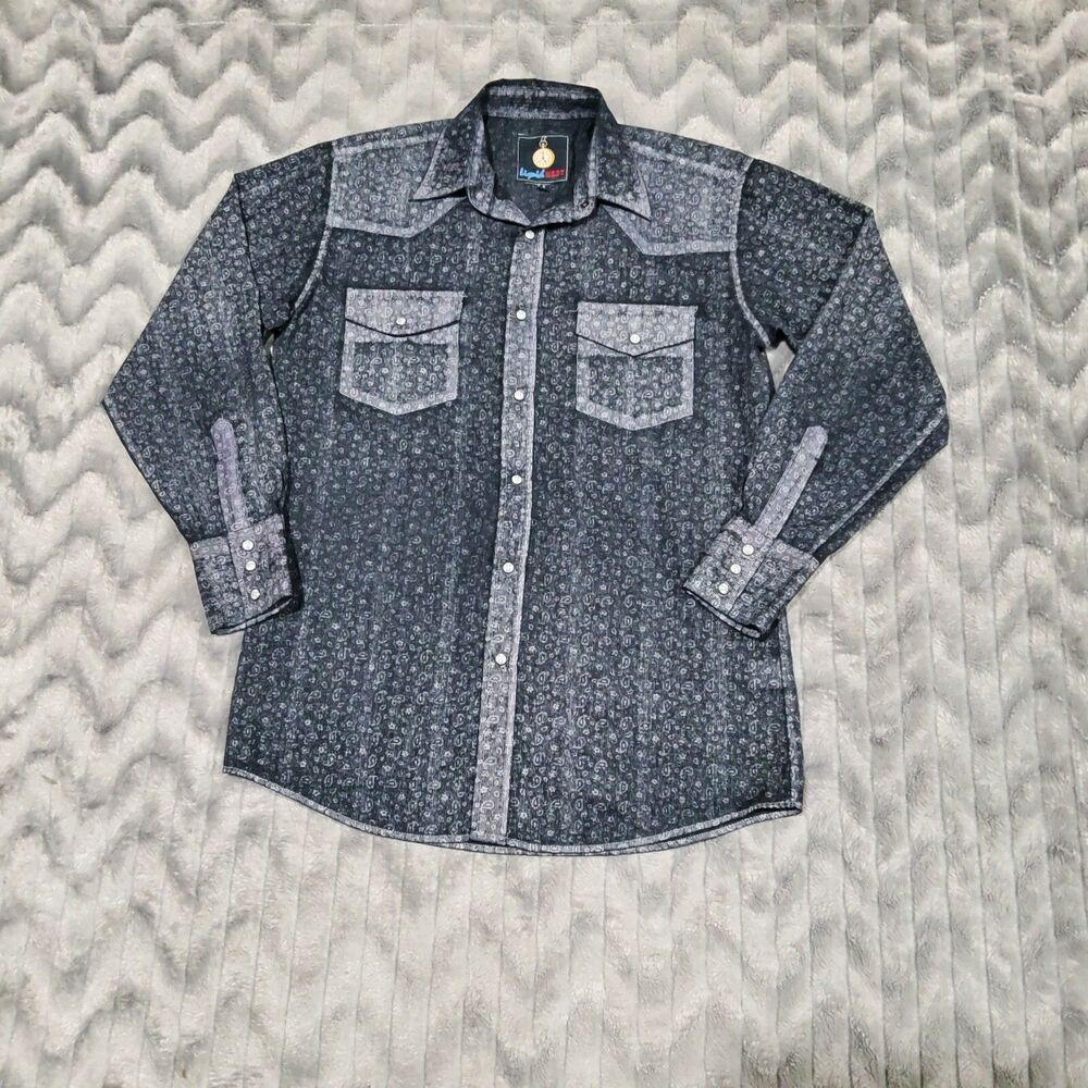 Liquid West Mens S Black Grey Western Paisley Print Button Down Shirt